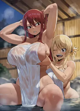 Erza Scarlet and Lucy Heartfilia Onsen Fun by Shexyo | Fairy Tail