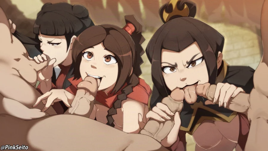 Mai X Ty Lee X Azula on Their Knee by pinkseito Avatar The Last Airbender